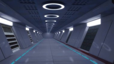 3D render. Fütüristik iç koridor mimari
