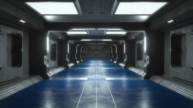 3D render. Fütüristik iç koridor mimari