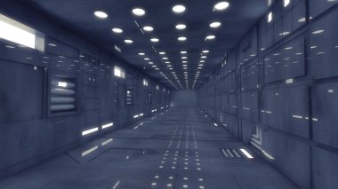 3D render. Fütüristik iç koridor mimari