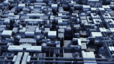 3D görüntüleme. Gelecekçi şehir ve uzay gemileri