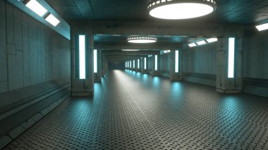 3D render iç. Fütüristik koridor. İç Konsept tasarımı