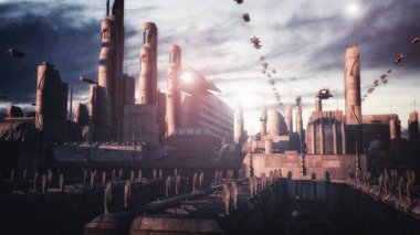 3D görüntüleme. Gelecekçi şehir ve uzay gemileri