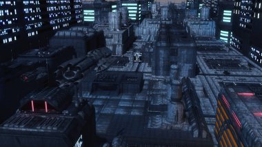 3D görüntüleme. Gelecekçi şehir ve uzay gemileri