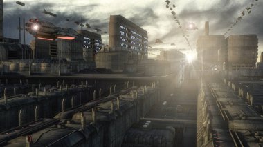 3D görüntüleme. Gelecekçi şehir ve uzay gemileri