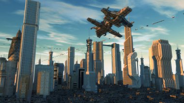 3D görüntüleme. Gelecekçi şehir ve uzay gemileri