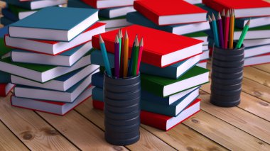 3d render. Kalemler ve kitaplar