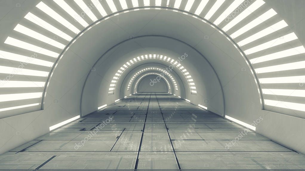 3D render. Futuristic empty interior corridor