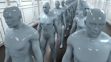 3 boyutlu görüntüleme. Gelecekçi sahne ve insansı figür