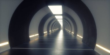 3 boyutlu görüntüleme. Gelecekçi uzay gemisi bilimkurgu koridoru mimarisi