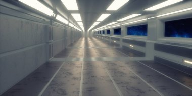 3 boyutlu görüntüleme. Gelecekçi uzay gemisi bilimkurgu koridoru mimarisi