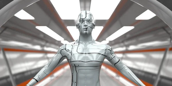 Återgivning Futuristisk Scen Och Humanoid Figur — Stockfoto