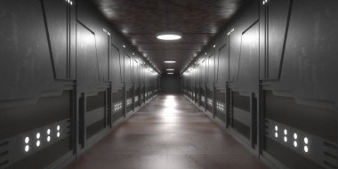 3 boyutlu görüntüleme. Geleceğin koridoru. Modern mimari ve iç uzay gemisi kavramı