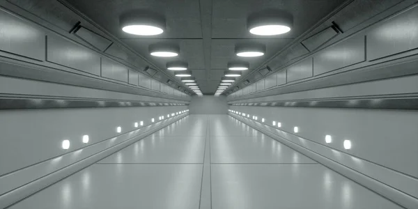 Renderowanie Futurystyczny Korytarz Koncepcja Nowoczesnej Architektury Wnętrza Statku Kosmicznego — Zdjęcie stockowe