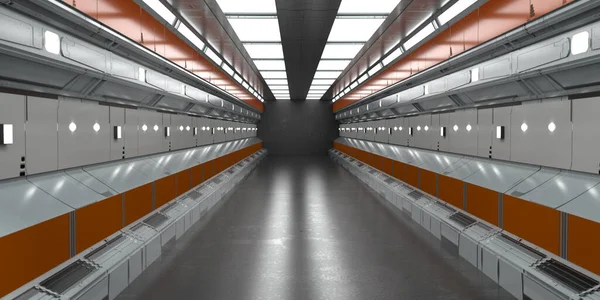 3 boyutlu görüntüleme. Geleceğin koridoru. Modern mimari ve iç uzay gemisi kavramı