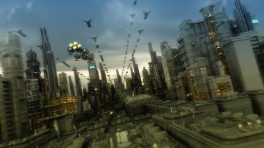 3D görüntüleme. Gelecekçi şehir ve uzay gemileri