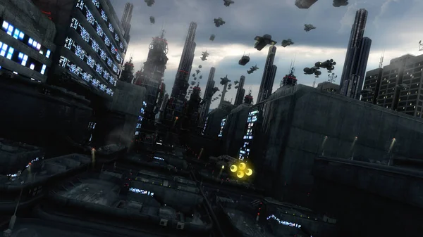 3D görüntüleme. Gelecekçi şehir ve uzay gemileri