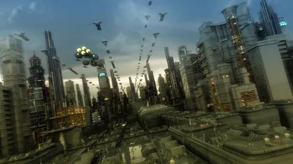 3D görüntüleme. Gelecekçi şehir ve uzay gemileri