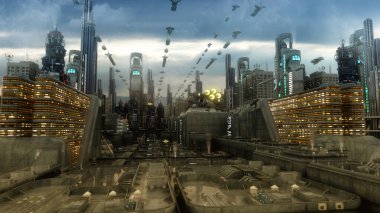 3D görüntüleme. Gelecekçi şehir ve uzay gemileri