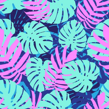 Tropikal yaprak, orman monstera yaprak sorunsuz çiçek desenli arka plan. Vektör çizim, eps 10.