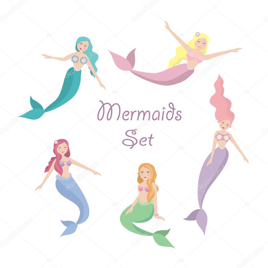 set of five beautiful different color mermaids. vector illustration.