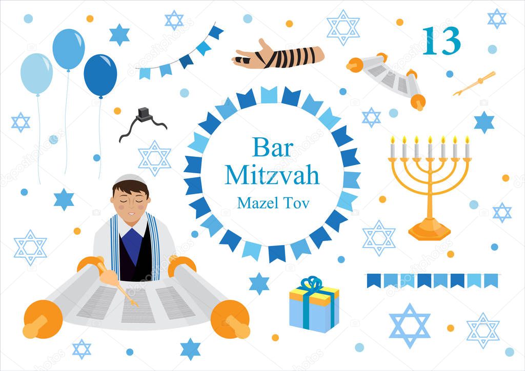Bar mitzvah set of flat style icons. Collection of elements for congratulation or invitation card, banner, with Jewish boy, menorah, Star of David isolated on white background. vector illustration.