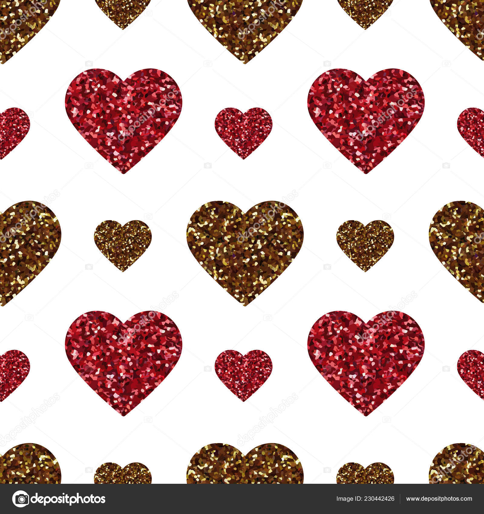 Gold glitter heart seamless pattern. Symbol of love, Valentine day