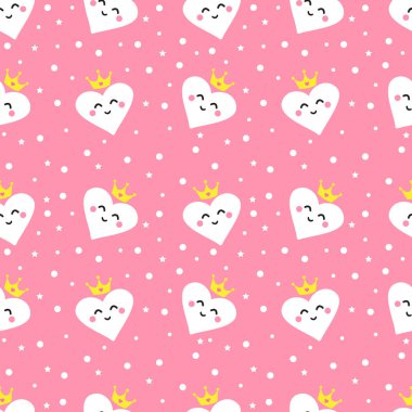 Şirin kalpler Prenses ile Seamless modeli. Süsleme çocuk Tekstil ve paketleri için. Düz stil. Vektör.