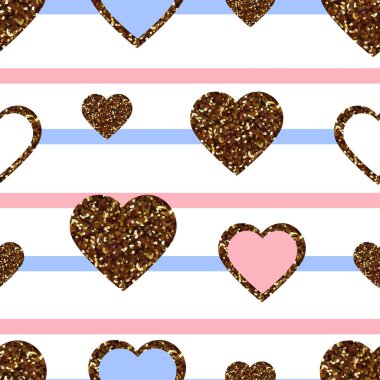 Altın glitter kalp seamless modeli. Aşk, Sevgililer günü tatil sembolü. Tasarım duvar kağıdı, arka plan, kumaş doku vektör çizim