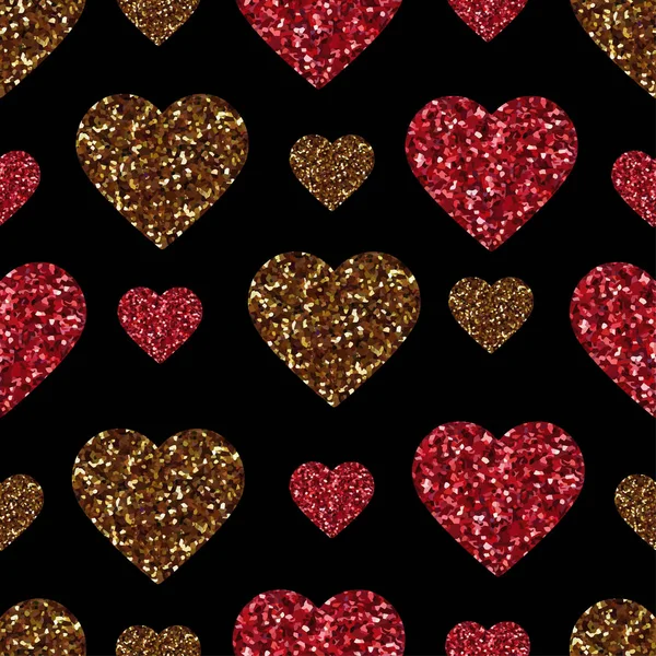 Patrón sin costura corazón brillo oro. Símbolo del amor, día de San Valentín. Papel pintado de diseño, fondo, textura de tela Ilustración vectorial — Archivo Imágenes Vectoriales