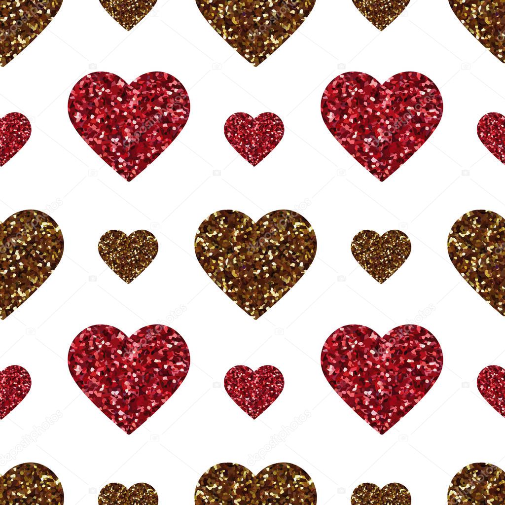 Gold glitter heart seamless pattern. Symbol of love, Valentine day holiday. Design wallpaper, background, fabric texture Vector illustration