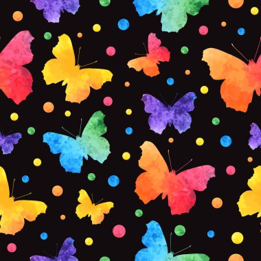 Siyah arka plan üzerine izole sevimli kelebekler ile renkli sulu boya Dikişsiz desen. eps10