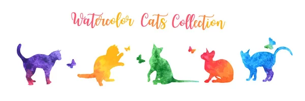 Bonito colorido aquarela silhuetas de gato brincando com borboletas. ilustração vetorial — Vetor de Stock