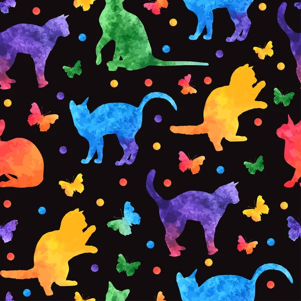 Цветные акварели бесшовный узор с милыми кошками и бабочками изолированы на черном фоне. вектор eps10 — стоковый вектор
