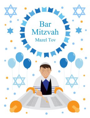 Yahudi çocuk ve beyaz arka plan üzerinde izole davut yıldızı ile Bar Mitzvah tebrik veya davetiye kartı. vektör çizim