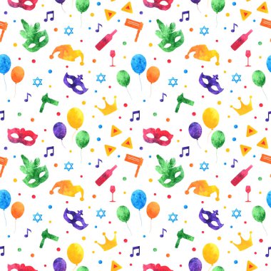 Purim karnaval suluboya elemanları ile seamless modeli. Yahudi Festivali, sonsuz arka plan, doku, duvar kağıdı. Vektör çizim