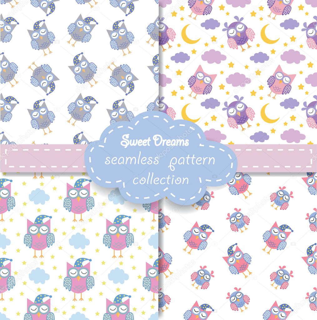 Cute set good night, sweet dreams seamless pattern with sleeping owls, moon, cloud and stars. childish background. eos10