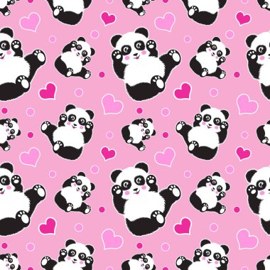 Sevimli panda ayısı ve kalpleri ile Seamless modeli. Komik çocuk arka plan, yazdırma, hediye paketi
