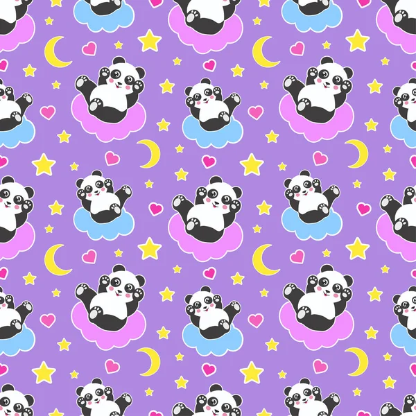 Bra natt sömlösa mönster med söt panda bear, månen, hjärtan, stjärnor och moln. Söta drömmar bakgrund. Vektorillustration — Stock vektor