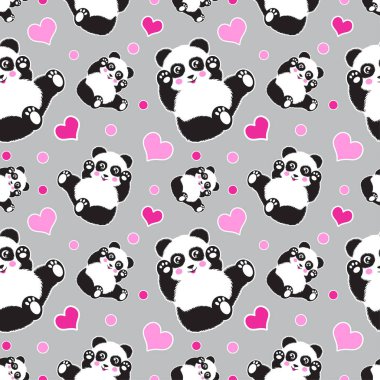 Sevimli panda ayısı ve kalpleri ile Seamless modeli. Komik çocuk arka plan, yazdırma, hediye paketi