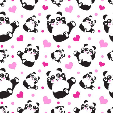 Sevimli panda ayısı ve kalpleri ile Seamless modeli. Komik çocuk arka plan, yazdırma, hediye paketi