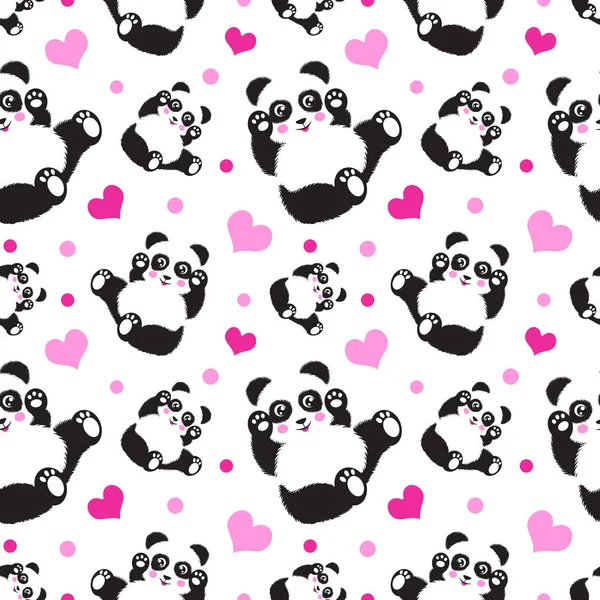 Modèle sans couture avec ours panda mignon et les cœurs. Drôle de fond pour les enfants, impression, emballage cadeau — Image vectorielle