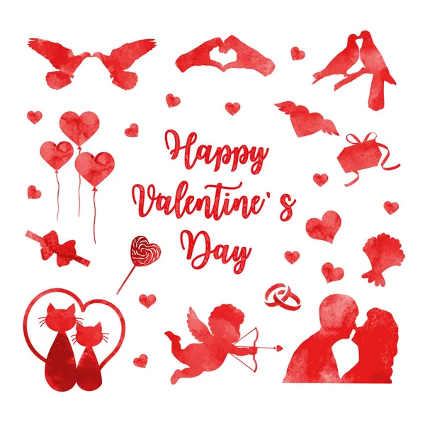 Feliz día de San Valentín icono conjunto de siluetas de acuarela. Linda colección de amor romance de elementos de diseño con corazón, pareja, gatos, palomas. Ilustración vectorial — Archivo Imágenes Vectoriales