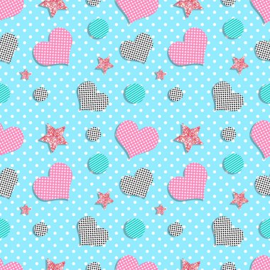 Memphis tarzı seamless modeli ile kalpleri ve parlak yıldız. Şirin sonsuz arka plan, kart, afiş, kıyafet, için şablon sarmak. Vektör çizim