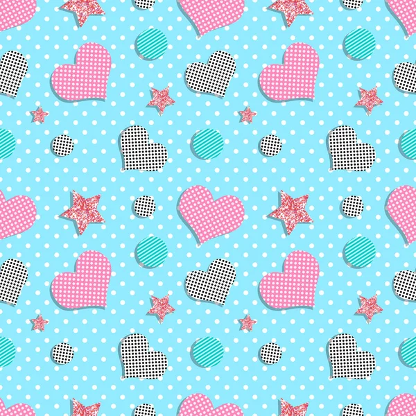 Memphis style seamless pattern with hearts and glitter stars. Cute endless background, template for card, banner, clothes, wrap. Vector illustration — Stock Vector