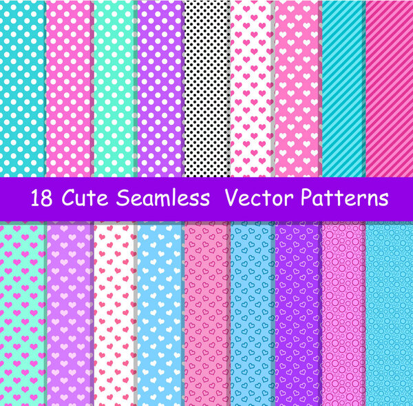 Seamless vector patterns in lol doll surprise style. Endless background with hearts, stripes and polka dots. Decor for childrens birthday, girls party, gift wrapping