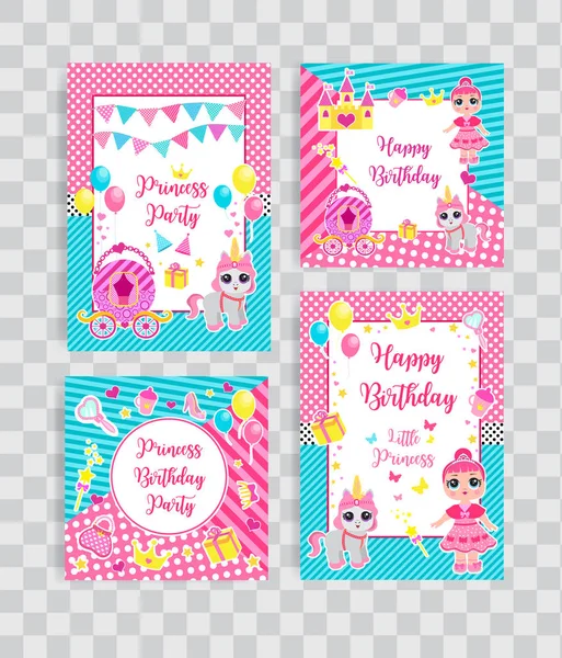 Happy birthday set greeting or invitation cards for a little princess in lol doll surprise style. Template for your design with princess, her pet pony and accessories. Vector illustration — Stock Vector