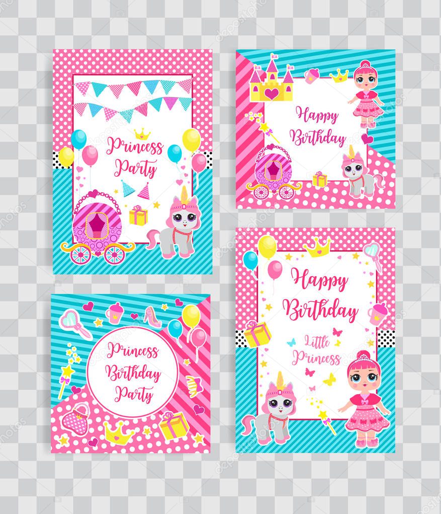 Happy birthday set greeting or invitation cards for a little princess in lol doll surprise style. Template for your design with princess, her pet pony and accessories. Vector illustration