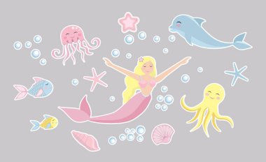 Cute ayarla prenses deniz kızı ve yunus, ahtapot, balık, Deniz anası. sualtı dünyasını koleksiyonu