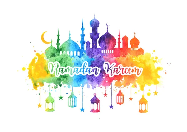 Ramadan Kareem akvarell bakgrunden, gratulationskort med moskén, arabiska lyktor, stjärnor och crescent. Banner för islamiska Ramadan firandet. Vektorillustration — Stock vektor