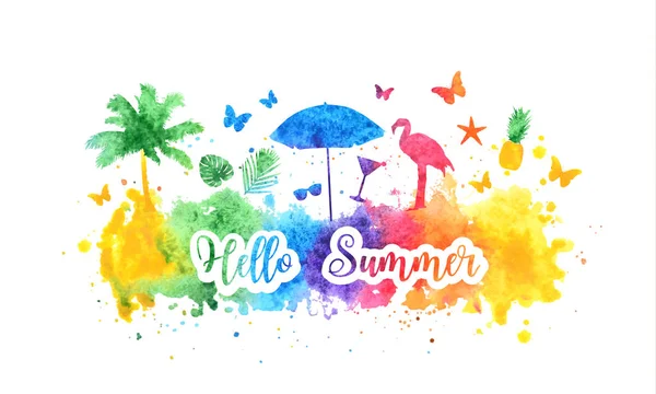 Hello summer bright rainbow banner, postcard. Watercolor splash background and summer silhouettes of palm tree, flamingo, sunglasses and tropical leaves. Vector illustration